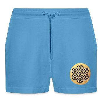 Yoga Kreis Flower of Life Gold Muster om Namaste - Organic Relaxed Cropped Shorts Made in EU -  Sol Blue - Vorne