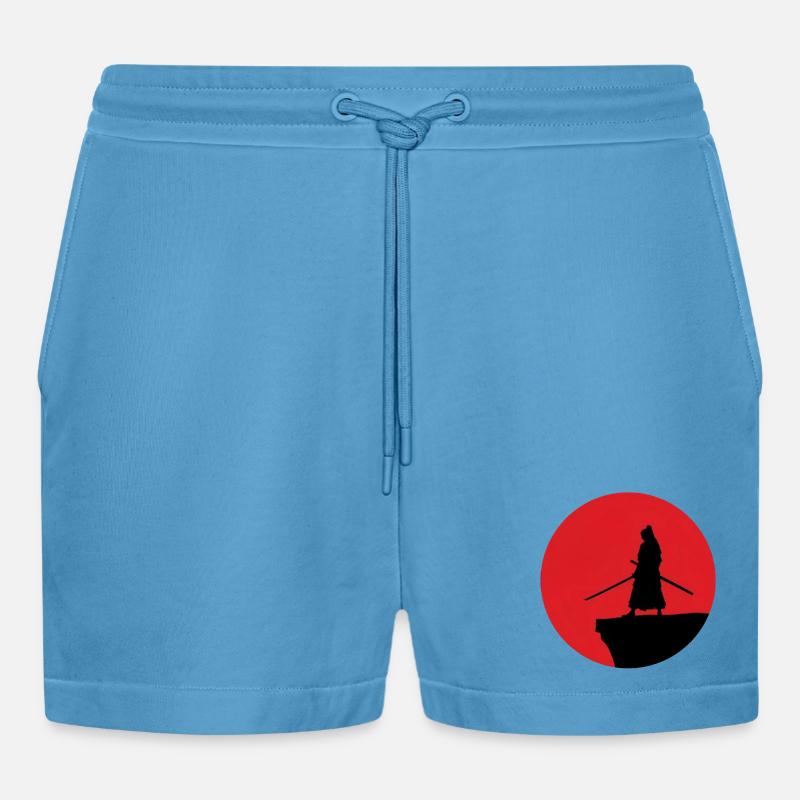 Samurai Silhouette vor rotem Mond - Organic Relaxed Cropped Shorts Made in EU -  Sol Blue