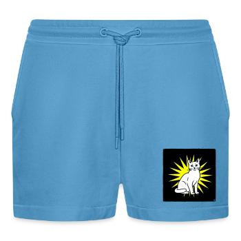 Coole Katze im Pop Art & Punk Rock Stil - Organic Relaxed Cropped Shorts Made in EU -  Sol Blue - Vorne
