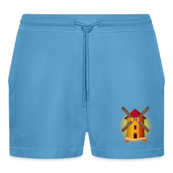 goldene Windmühle mit strahlendem Hintergrund - Organic Relaxed Cropped Shorts Made in EU -  Sol Blue - Vorne