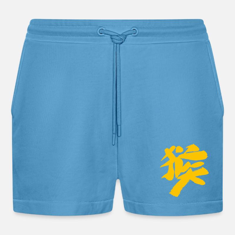 Monkey (Houzi) TUSCHE Kanji (Chinese script) - Organic Relaxed Cropped Shorts Made in EU -  Sol Blue