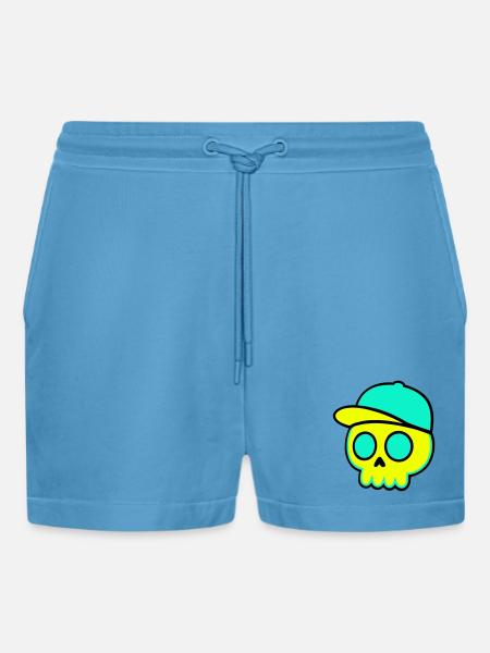 Neon Schädel Cap Streetwear - Organic Relaxed Cropped Shorts Made in EU -  Sol Blue