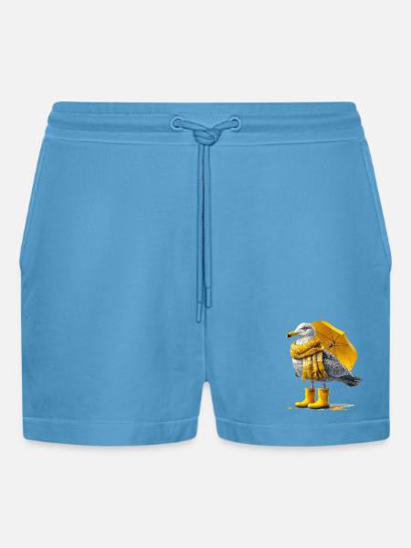 Seagull with yellow umbrella and boots - Organic Relaxed Cropped Shorts Made in EU - Sol Blue