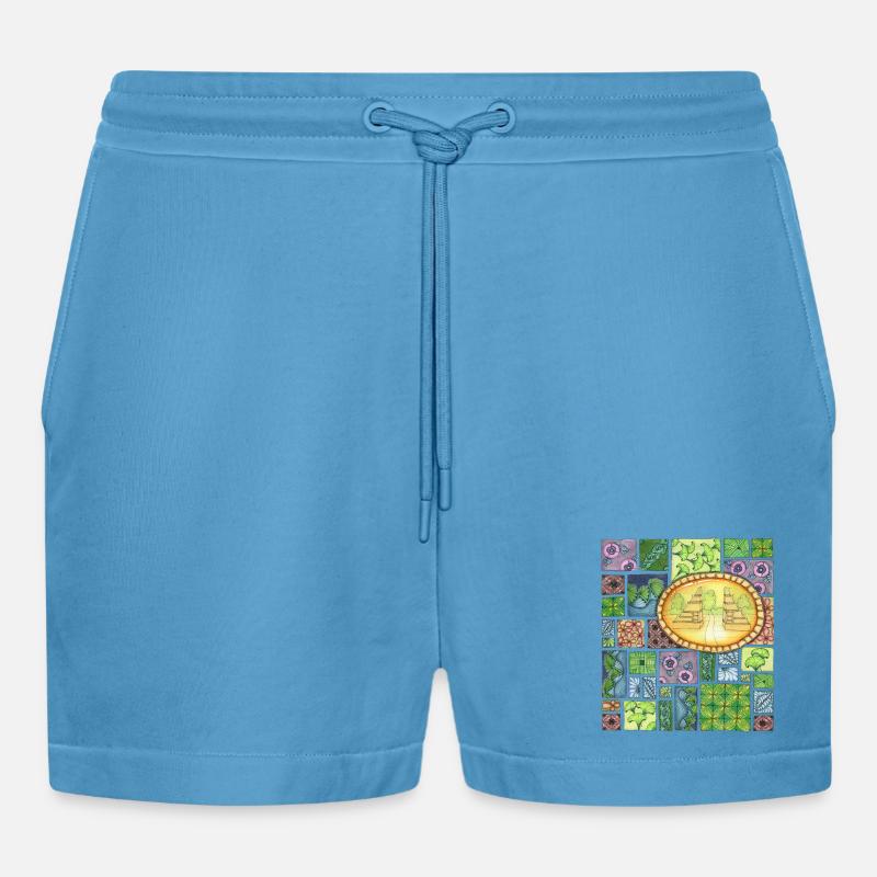 Bali temple on pattern patchwork - Organic Relaxed Cropped Shorts Made in EU -  Sol Blue