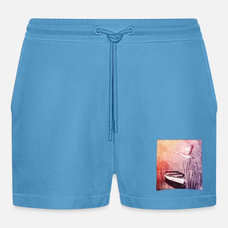 Boot am See - handgeschnitzte Druckvorlage - Organic Relaxed Cropped Shorts Made in EU -  Sol Blue