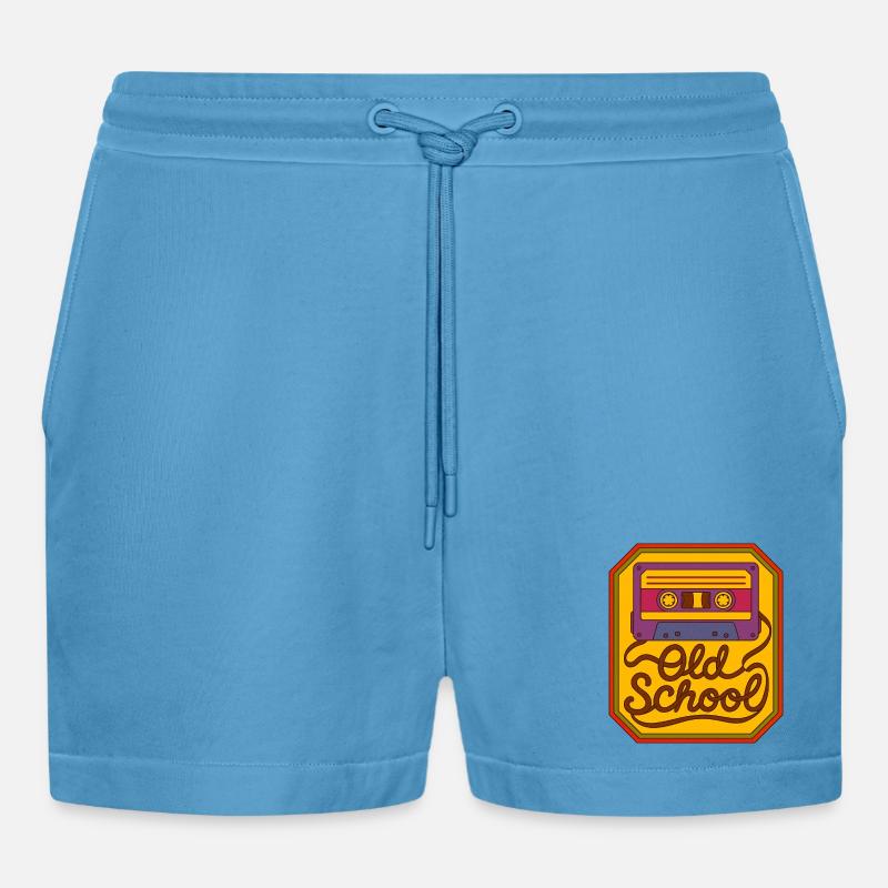 Old School Cassette Retro Patch - Organic Relaxed Cropped Shorts Made in EU - Sol Blue