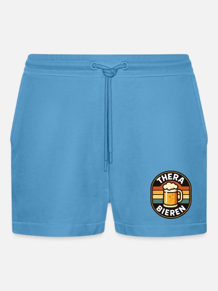 THERA-BIEREN – Retro Bierkrug Badge - Organic Relaxed Cropped Shorts Made in EU - Sol Blue
