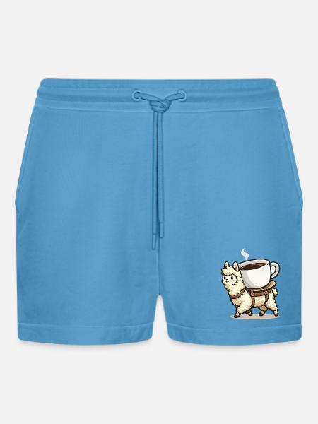 Coffee Llama Carrying Design - Organic Relaxed Cropped Shorts Made in EU -  Sol Blue
