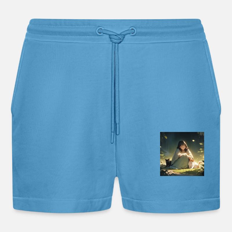 Mädchen mit Hund und Katze - Organic Relaxed Cropped Shorts Made in EU -  Sol Blue