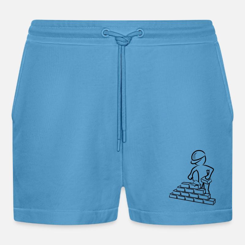 Construction worker with trowel, mortar and wall - Organic Relaxed Cropped Shorts Made in EU - Sol Blue