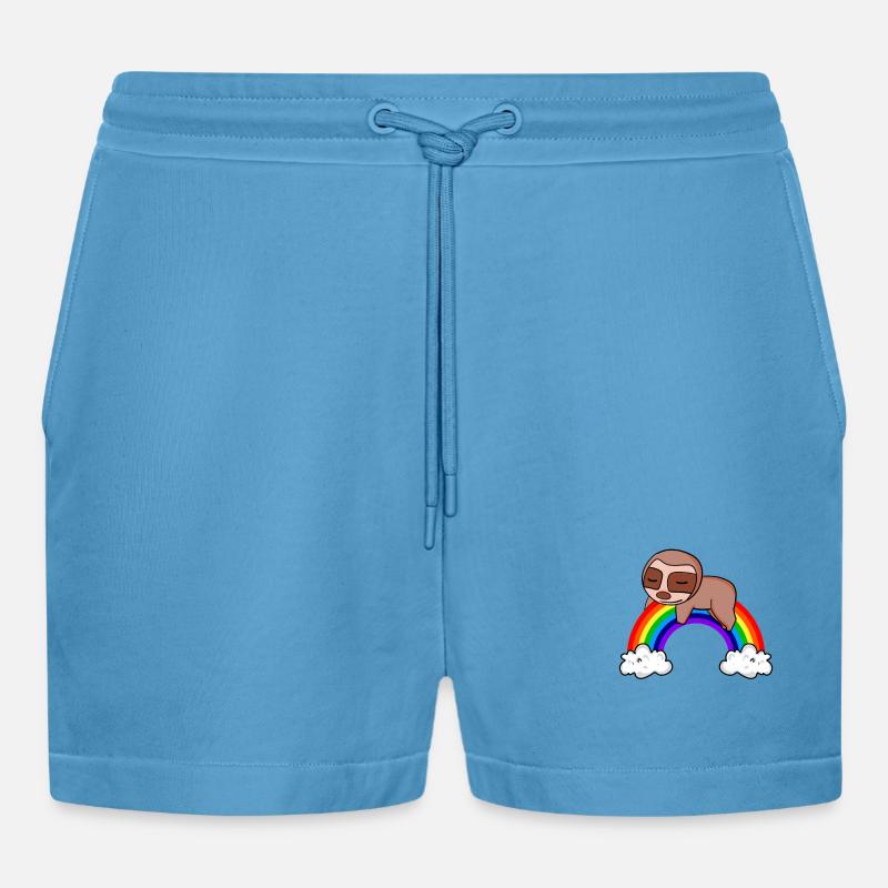 Rainbow Sloth - Organic Relaxed Cropped Shorts Made in EU - Sol Blue