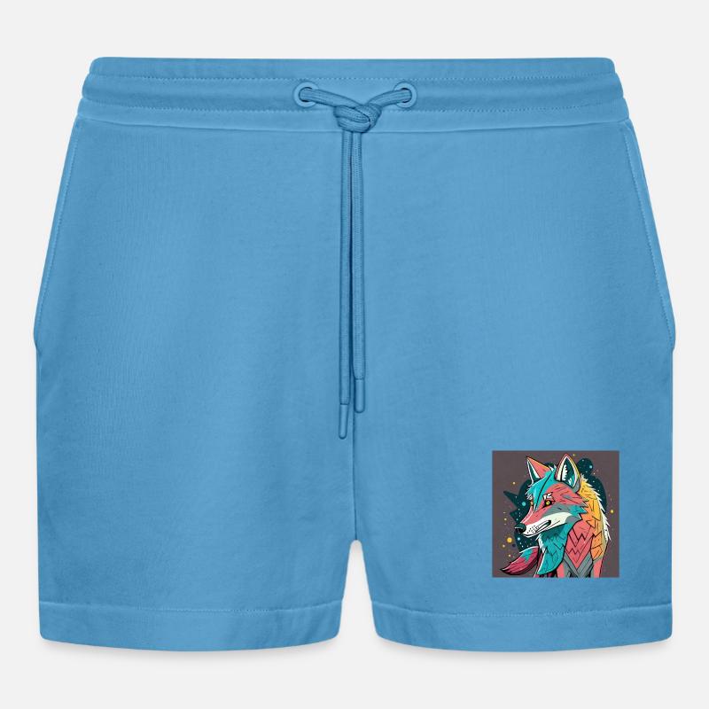 Geometrischer Wolf Farbexplosion - Organic Relaxed Cropped Shorts Made in EU -  Sol Blue