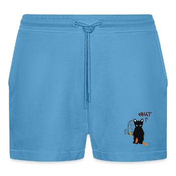 Kleines schwarzes süßes Kätzchen und Vogel - Organic Relaxed Cropped Shorts Made in EU -  Sol Blue - Vorne