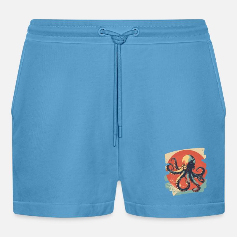 Kraken Oktopus Retro - Organic Relaxed Cropped Shorts Made in EU - Sol Blue