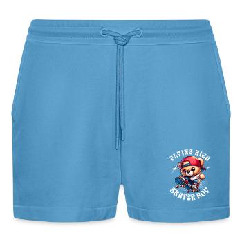 Skater Teddybär auf Skateboard - Organic Relaxed Cropped Shorts Made in EU -  Sol Blue - Vorne