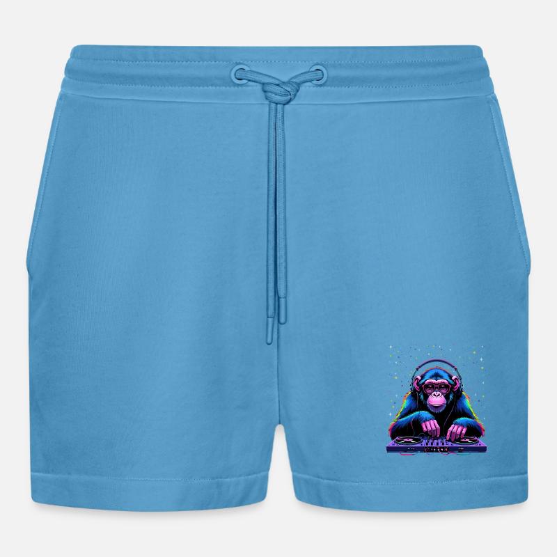 Bunter DJ-Affe mit Kopfhörern und Brille - Organic Relaxed Cropped Shorts Made in EU -  Sol Blue