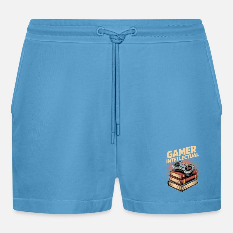 Gamer Intellectual Controller Book Stack - Organic Relaxed Cropped Shorts Made in EU -  Sol Blue