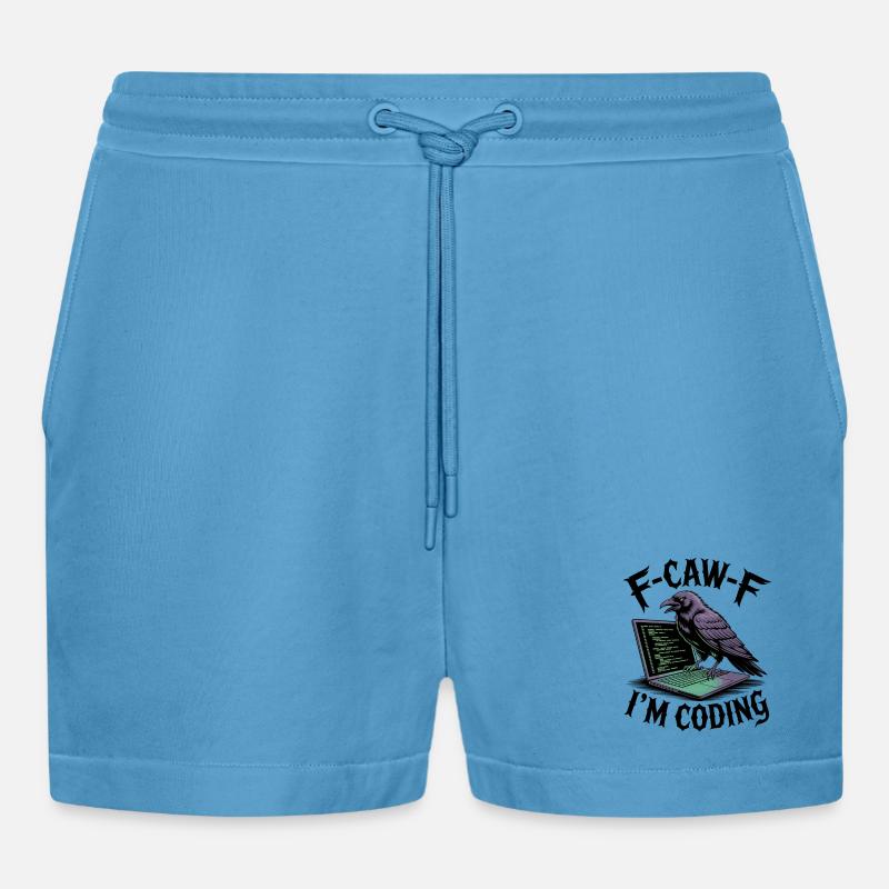 RabenCoder: Code Raven on the laptop - Organic Relaxed Cropped Shorts Made in EU -  Sol Blue