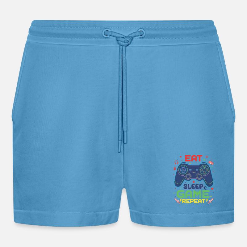 Eat Sleep Game Repeat Neon Controller - Organic Relaxed Cropped Shorts Made in EU -  Sol Blue