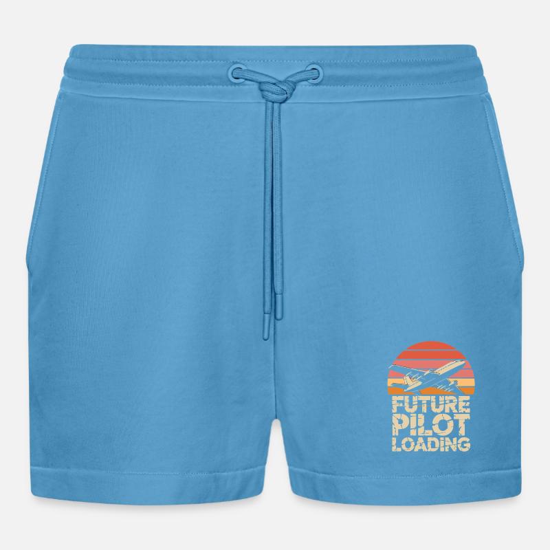 Future Pilot Loading Airplane Retro - Organic Relaxed Cropped Shorts Made in EU - Sol Blue
