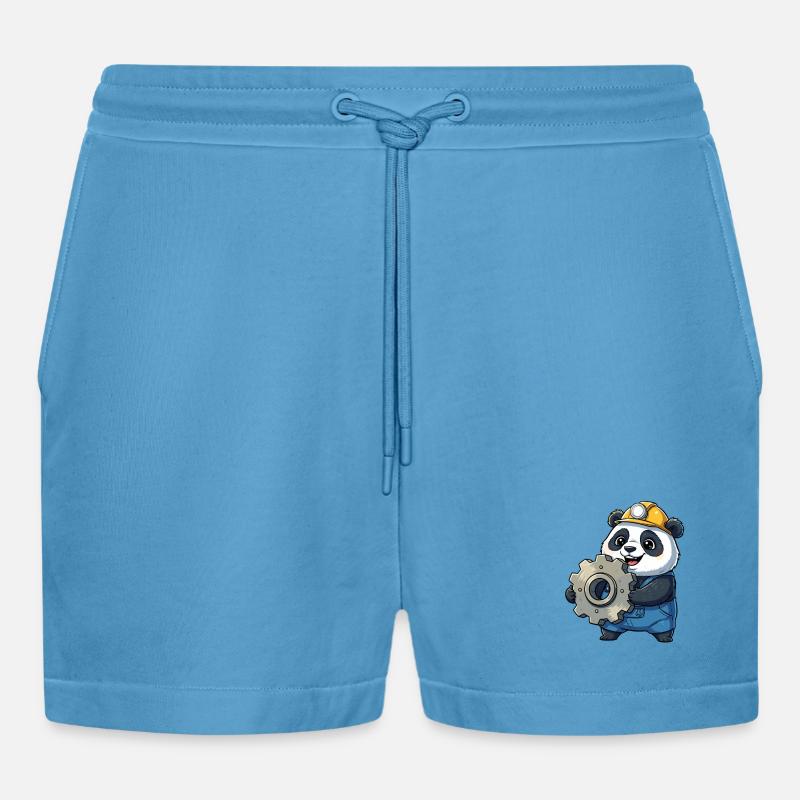 Panda Construction Worker with Gear - Organic Relaxed Cropped Shorts Made in EU -  Sol Blue