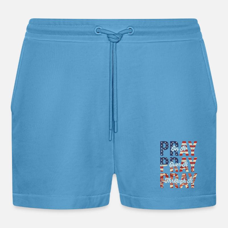 Pray On It Over It Through It – Flag Pattern - Organic Relaxed Cropped Shorts Made in EU - Sol Blue