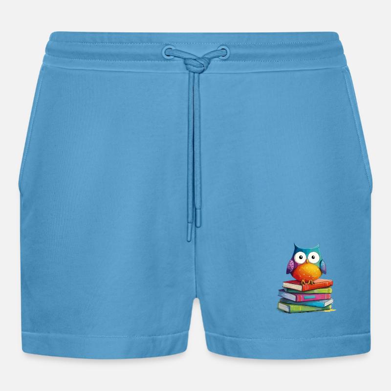 Bücherstapel Eule - Organic Relaxed Cropped Shorts Made in EU - Sol Blue