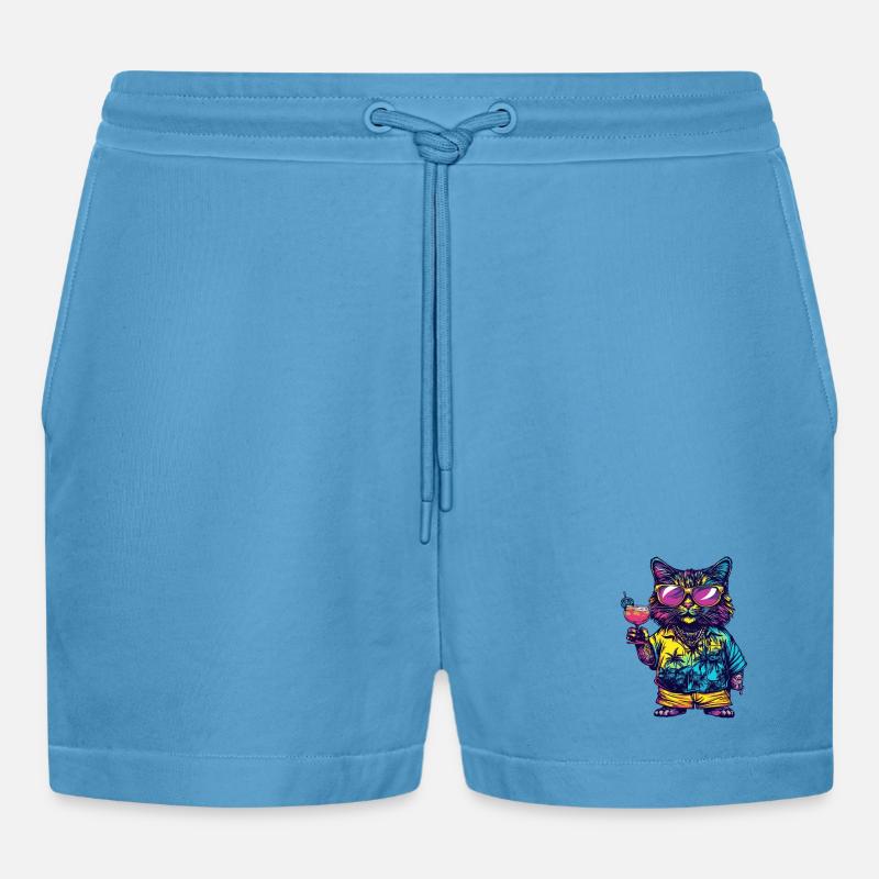 Cat Comic Summer - Organic Relaxed Cropped Shorts Made in EU -  Sol Blue