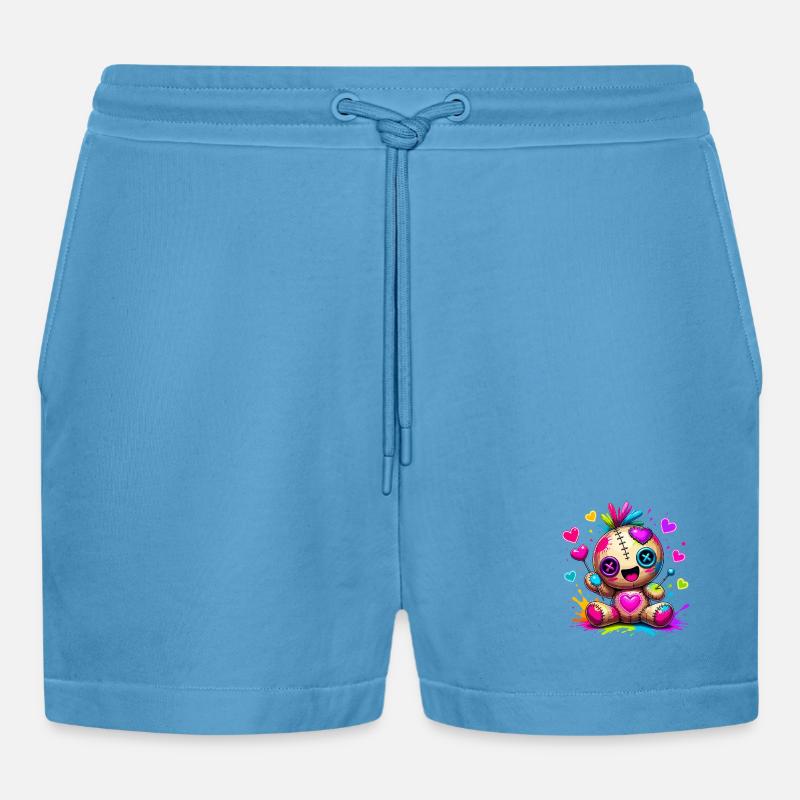 Patchwork-Kuscheltier mit Neonherzen - Organic Relaxed Cropped Shorts Made in EU - Sol Blue