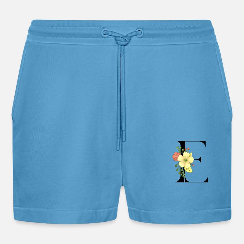 Eleganter Buchstabe 'E' mit Blumen - Organic Relaxed Cropped Shorts Made in EU -  Sol Blue