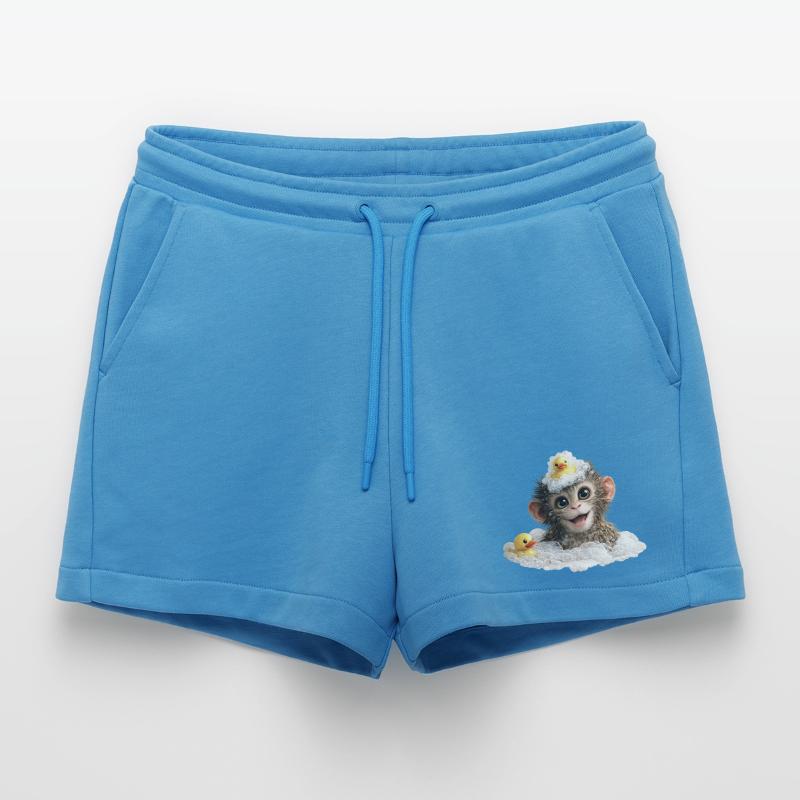 Bathing Time Monkey with Rubber Duck Organic Relaxed Cropped Shorts Made in EU