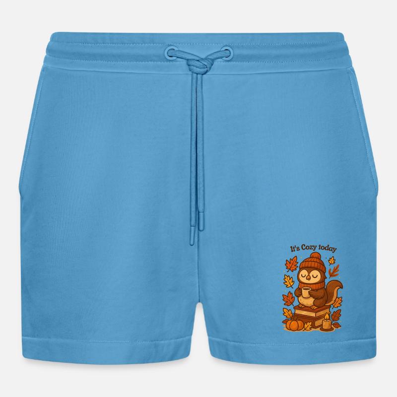 Gemütliche Herbst-Eule mit Tee Mütze  - Organic Relaxed Cropped Shorts Made in EU -  Sol Blue