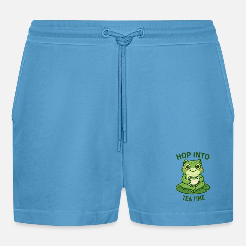 Frosch Teezeit Matcha Illustration Design  - Organic Relaxed Cropped Shorts Made in EU -  Sol Blue