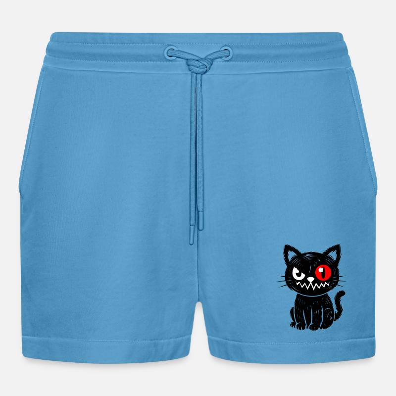 Schwarze Katze mit rotem Auge sitzend  - Organic Relaxed Cropped Shorts Made in EU -  Sol Blue