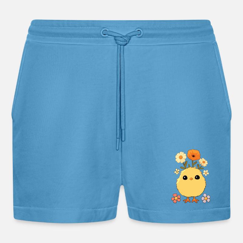 Chick, Spring, Flowers, Summer, Easter, Garden - Organic Relaxed Cropped Shorts Made in EU -  Sol Blue