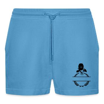 Schweißerlogo transparent mit Lorbeerkranz - Organic Relaxed Cropped Shorts Made in EU -  Sol Blue - Vorne