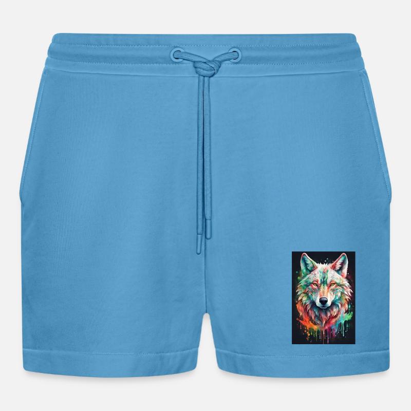Bunter Wolfkopf Farbexplosion - Organic Relaxed Cropped Shorts Made in EU -  Sol Blue