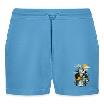 Mountain Lake Path - Camping Backpacker Motif - Organic Relaxed Cropped Shorts Made in EU -  Sol Blue - Front