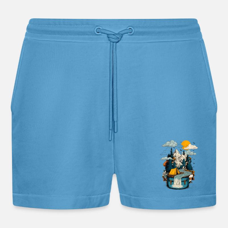 Bergsee Pfad - Camping Backpacker Motiv - Organic Relaxed Cropped Shorts Made in EU -  Sol Blue