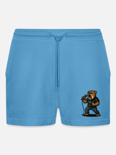 Rock Singer Bulldog with Microphone Art - Organic Relaxed Cropped Shorts Made in EU - Sol Blue