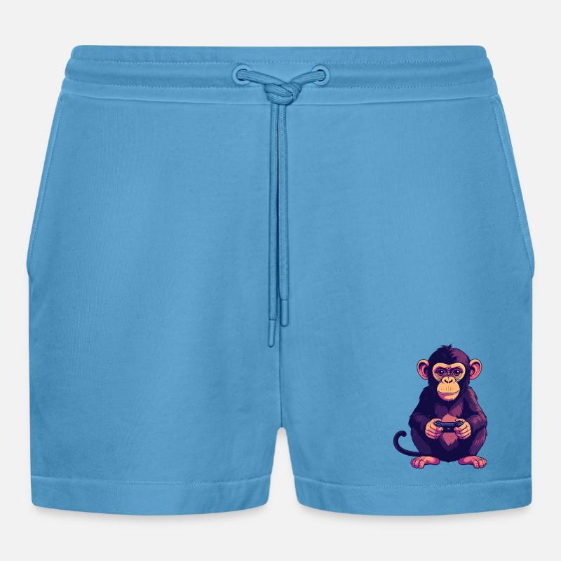 Monkey on controller playing console gaming - Organic Relaxed Cropped Shorts Made in EU -  Sol Blue
