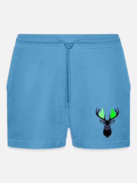 Deer Head Fir Trees Natural Green - Organic Relaxed Cropped Shorts Made in EU -  Sol Blue