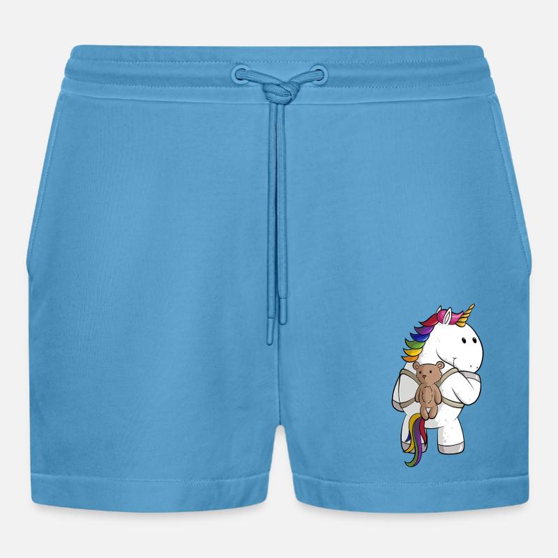 Comic Einhorn mit Rucksack - Organic Relaxed Cropped Shorts Made in EU -  Sol Blue