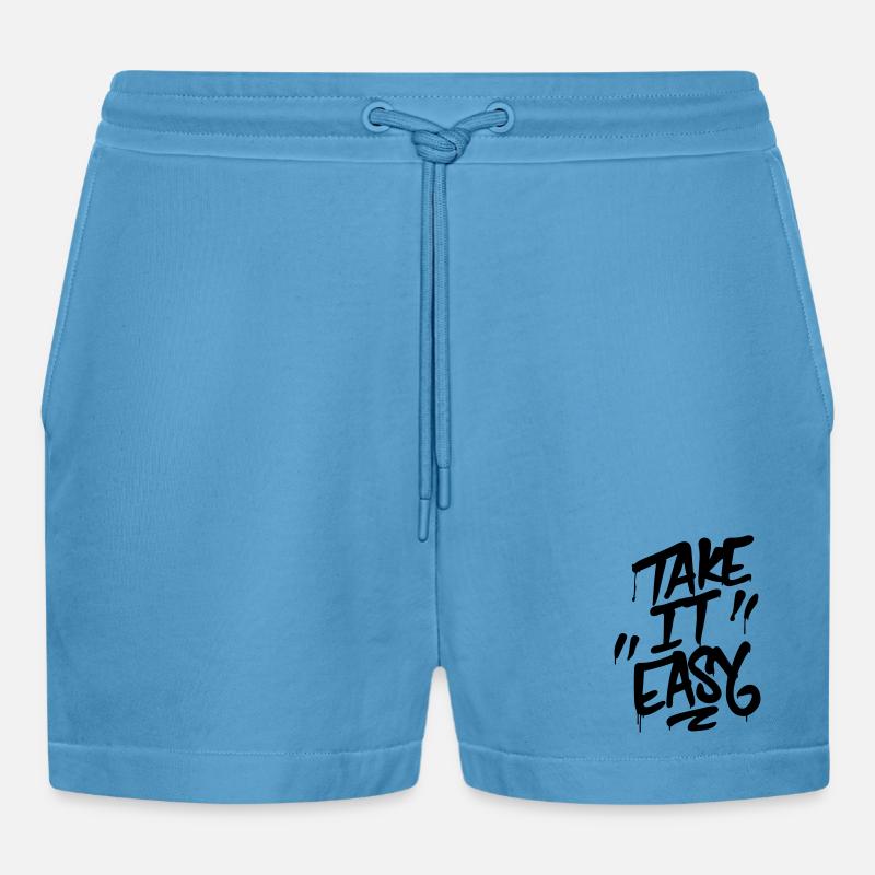 Graffiti Schriftzug TAKE IT EASY - Organic Relaxed Cropped Shorts Made in EU -  Sol Blue