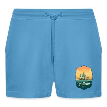 Valletta Malta Retro Sunset Reiseabzeichen - Organic Relaxed Cropped Shorts Made in EU -  Sol Blue - Vorne