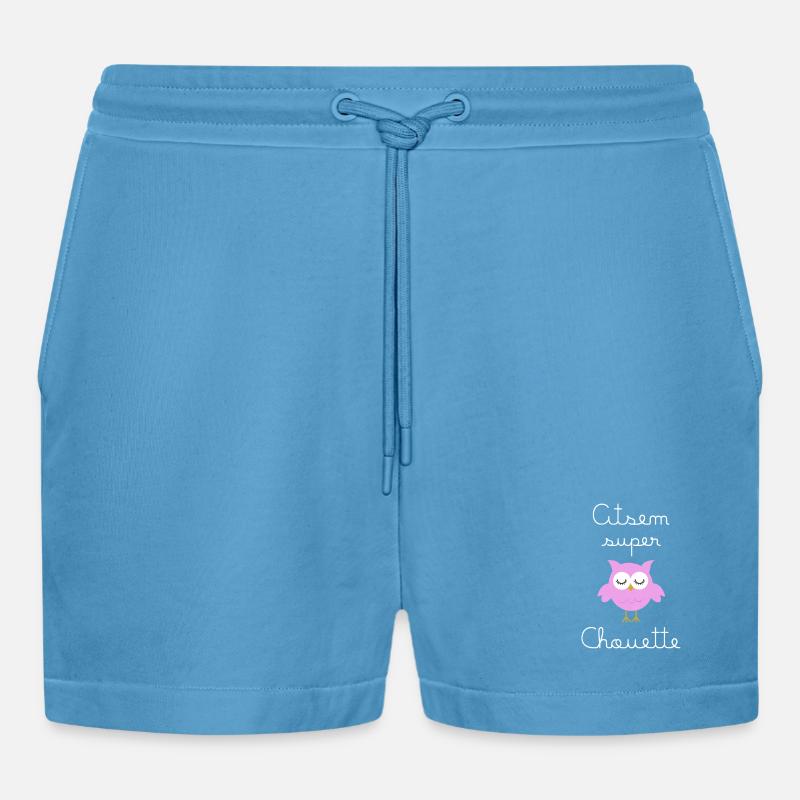 Assem Super Eule (in weiß geschrieben) - Organic Relaxed Cropped Shorts Made in EU -  Sol Blue