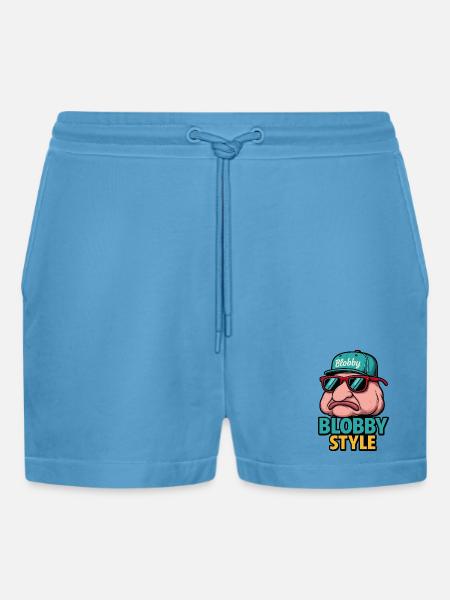 Blobby Style Cartoon Tee - Organic Relaxed Cropped Shorts Made in EU - Sol Blue