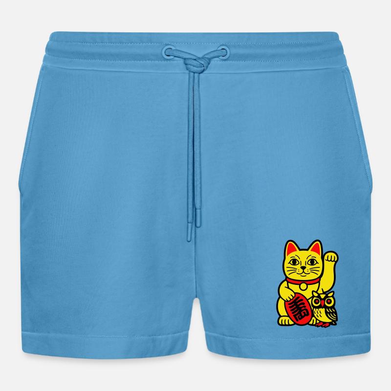 Glückskatze mit kleiner Eule - Organic Relaxed Cropped Shorts Made in EU -  Sol Blue