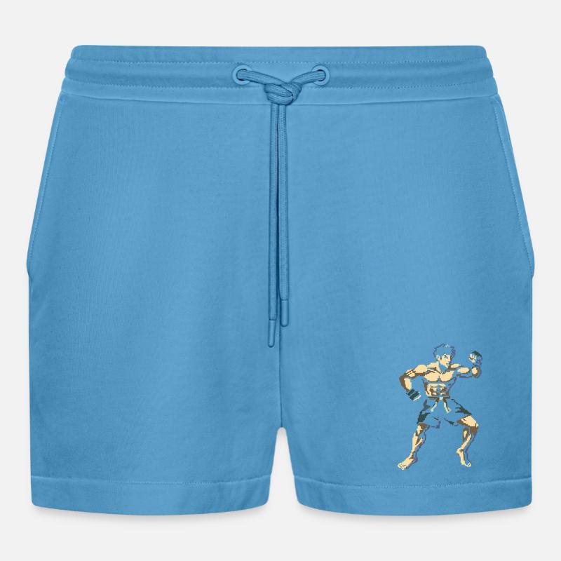 Kickboxer Pixel Grafik - Organic Relaxed Cropped Shorts Made in EU - Sol Blue
