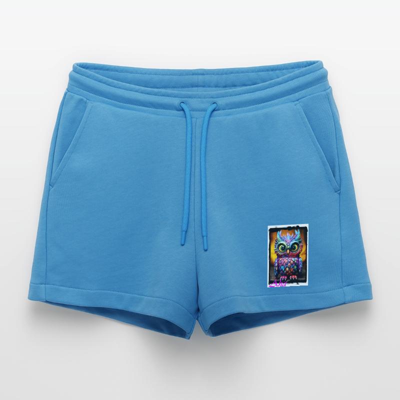 Bunte Eulenfigur mit Neonfarben Puppe Textil Organic Relaxed Cropped Shorts Made in EU